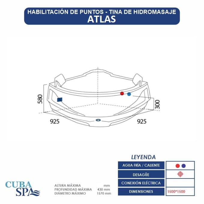 Tina Hidromasaje Esquinero - ATLAS 150*150*42