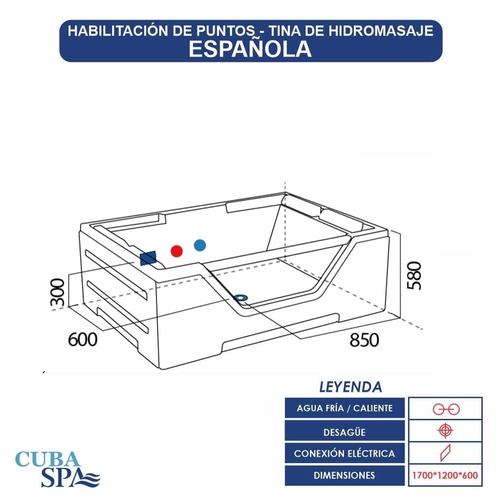 Tina Hidromasaje Rectangular - ESPAÑOLA 1.70*1.20