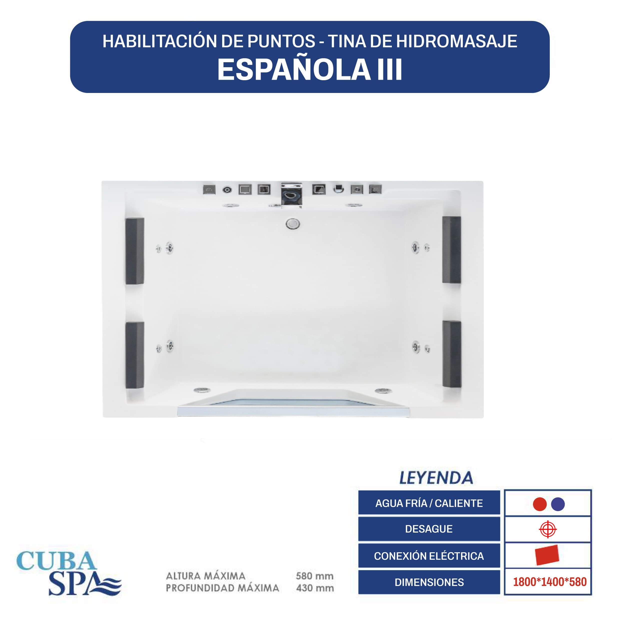 Tina Hidromasaje Rectangular - ESPAÑOLA 1.80*1.40*58