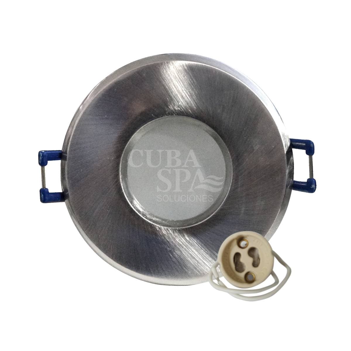 SPOT HERMETICO PLATEADO FIJO 220v CON FOCO LED PARA SPOT AZUL